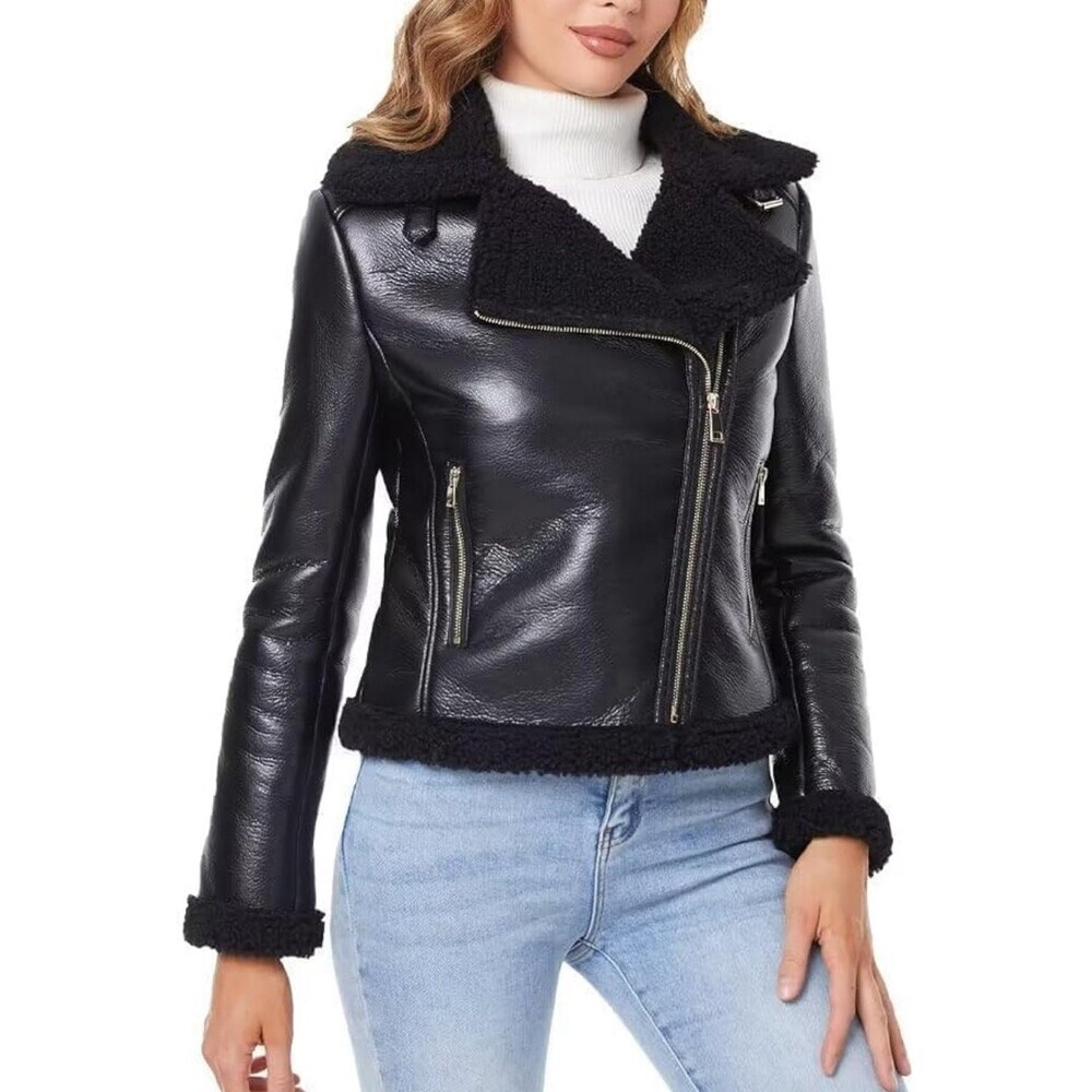 NEW Women’s Faux Leather Moto Jacket With Faux Shearing Lining Size Small Black